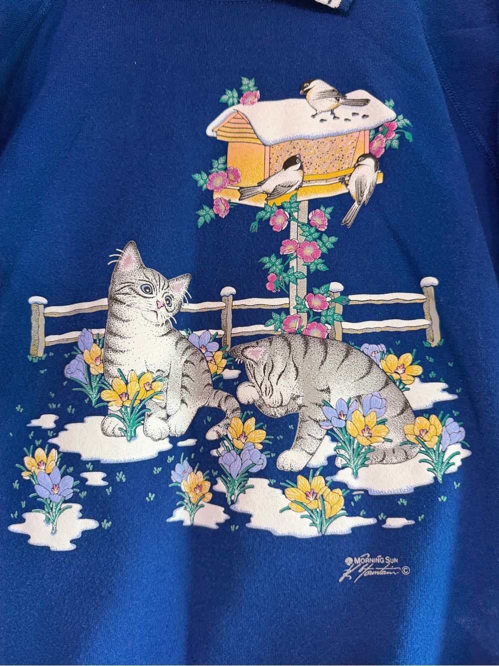 Morning Sun Vintage Cat Birdhouse Sweatshirt Women Large Blue Made in USA Retro - Picture 4 of 8